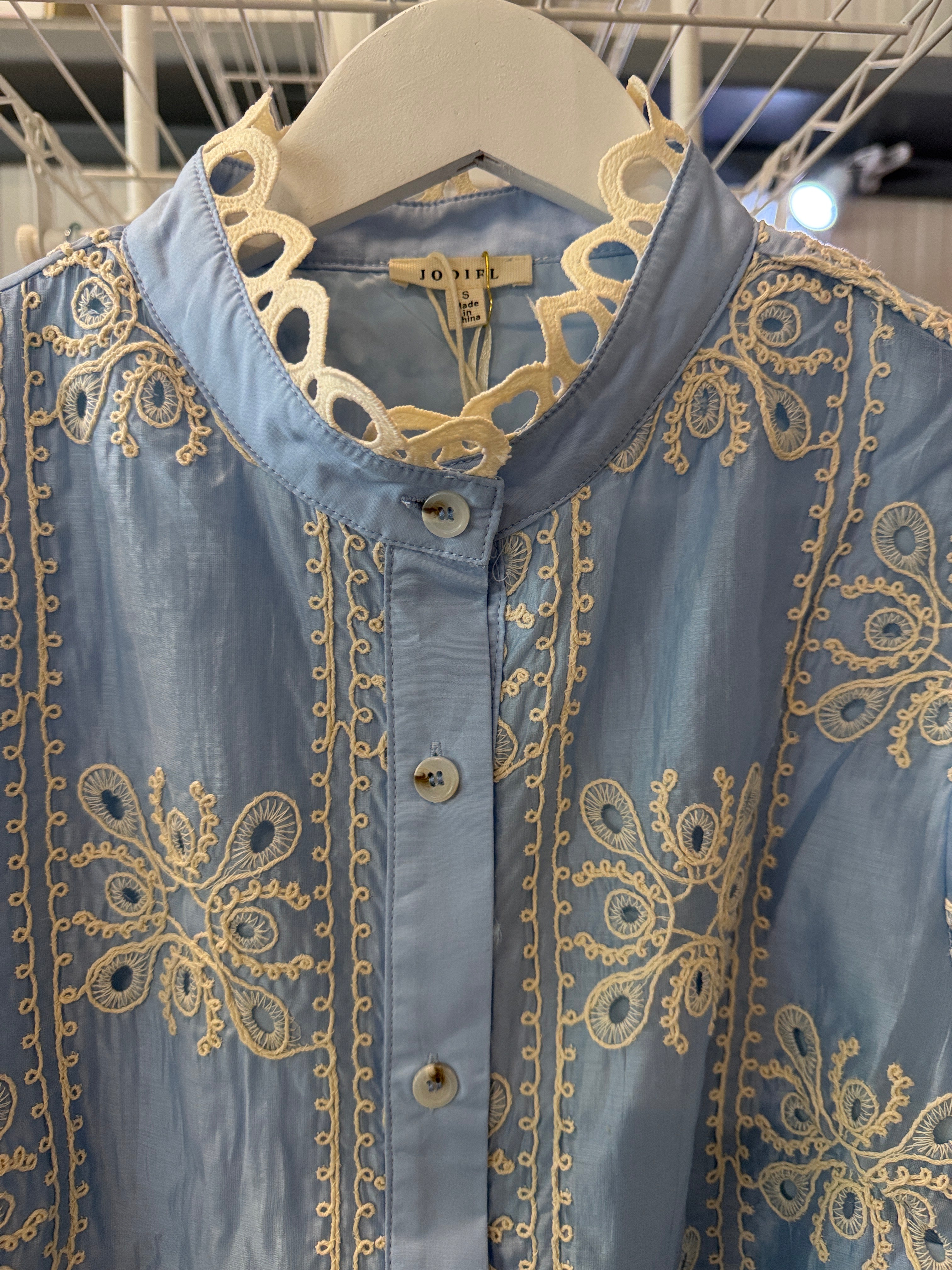 JODIFL Light Blue Embroidered Button-Up Blouse