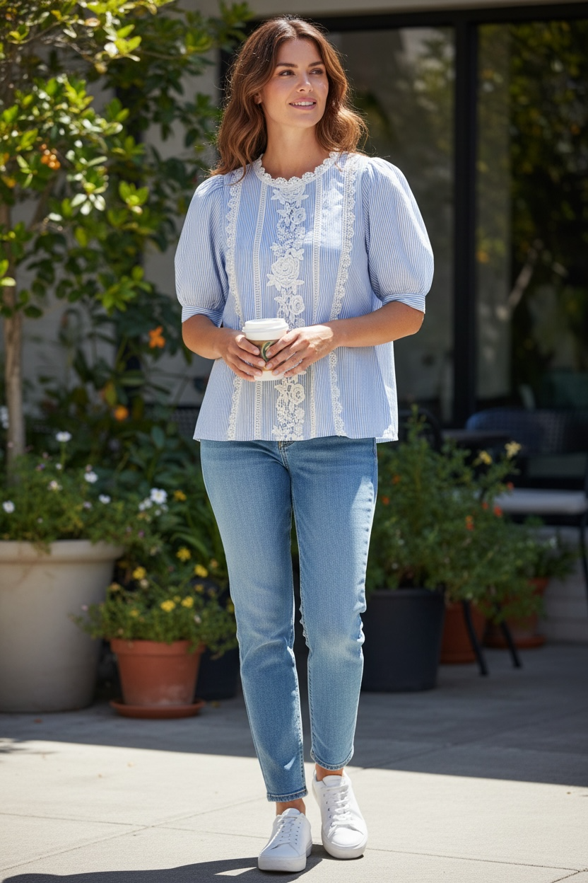 Blue Striped Lace-Trim Blouse