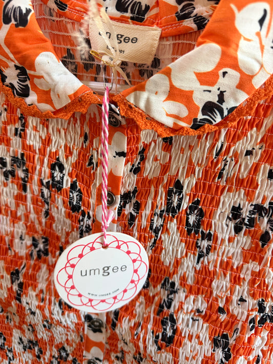Umgee Orange, Black & White Floral Smocked Button-Down Top