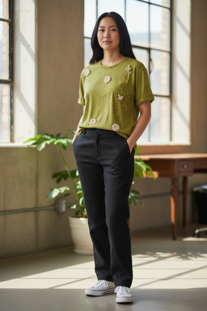 Mesh + Love Citrine Green Embellished Floral Tee