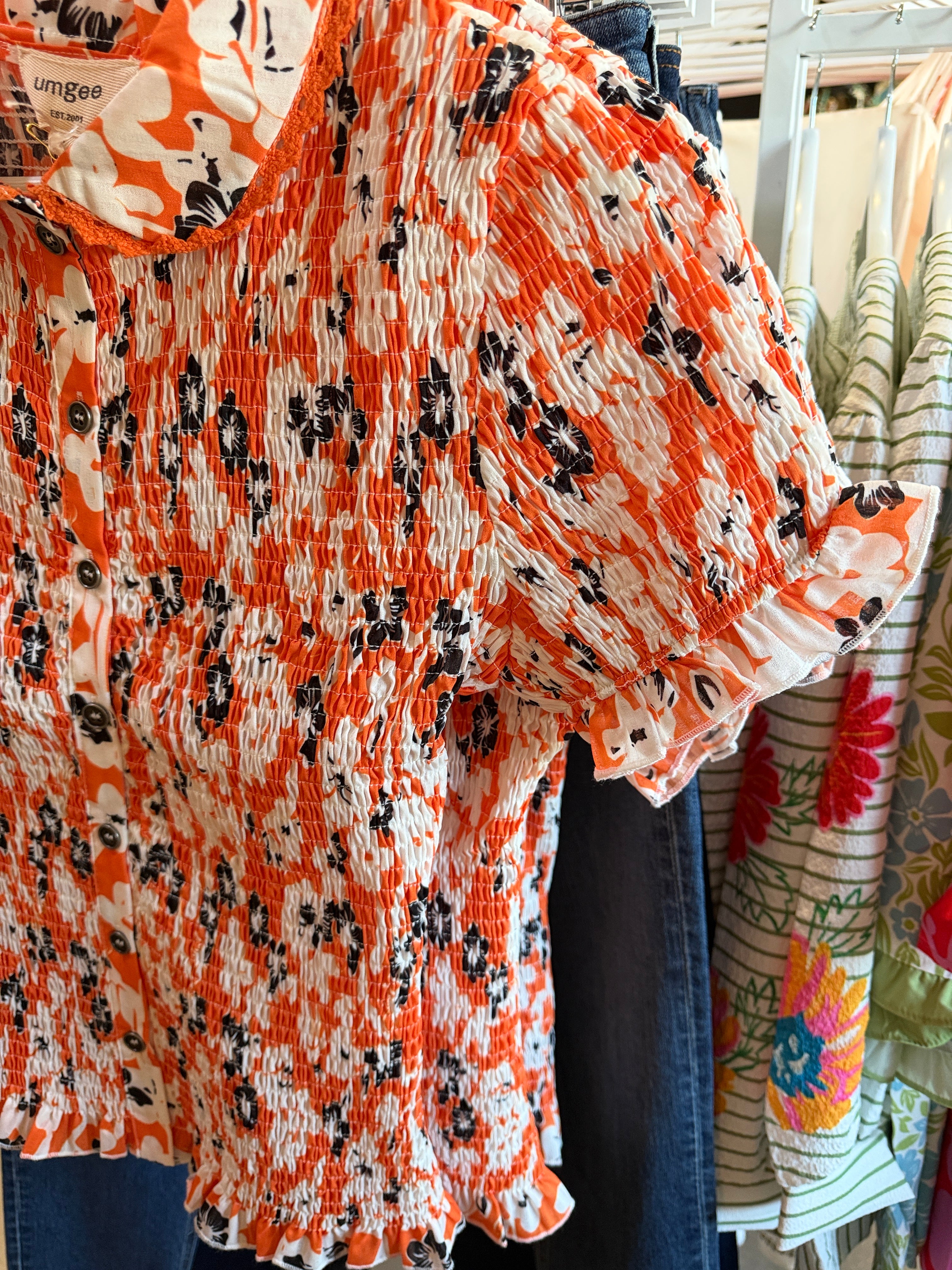 Umgee Orange, Black & White Floral Smocked Button-Down Top
