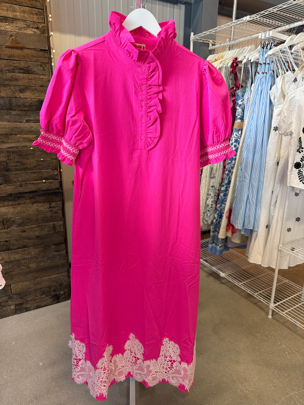 Jodifl Hot Pink Midi Dress with White Lace Hem