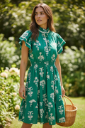 Umgee Green Midi Dress with Cream Floral Print