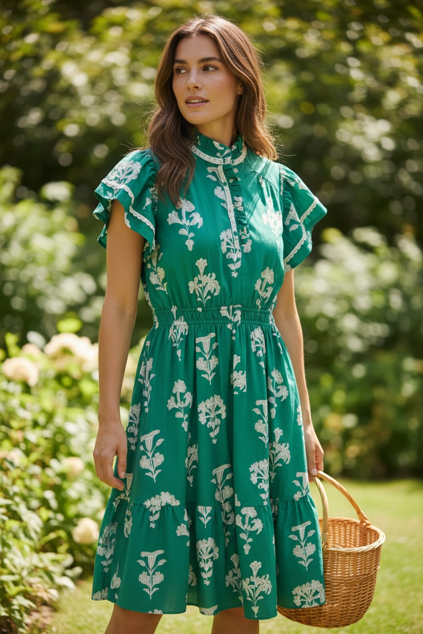 Umgee Green Midi Dress with Cream Floral Print