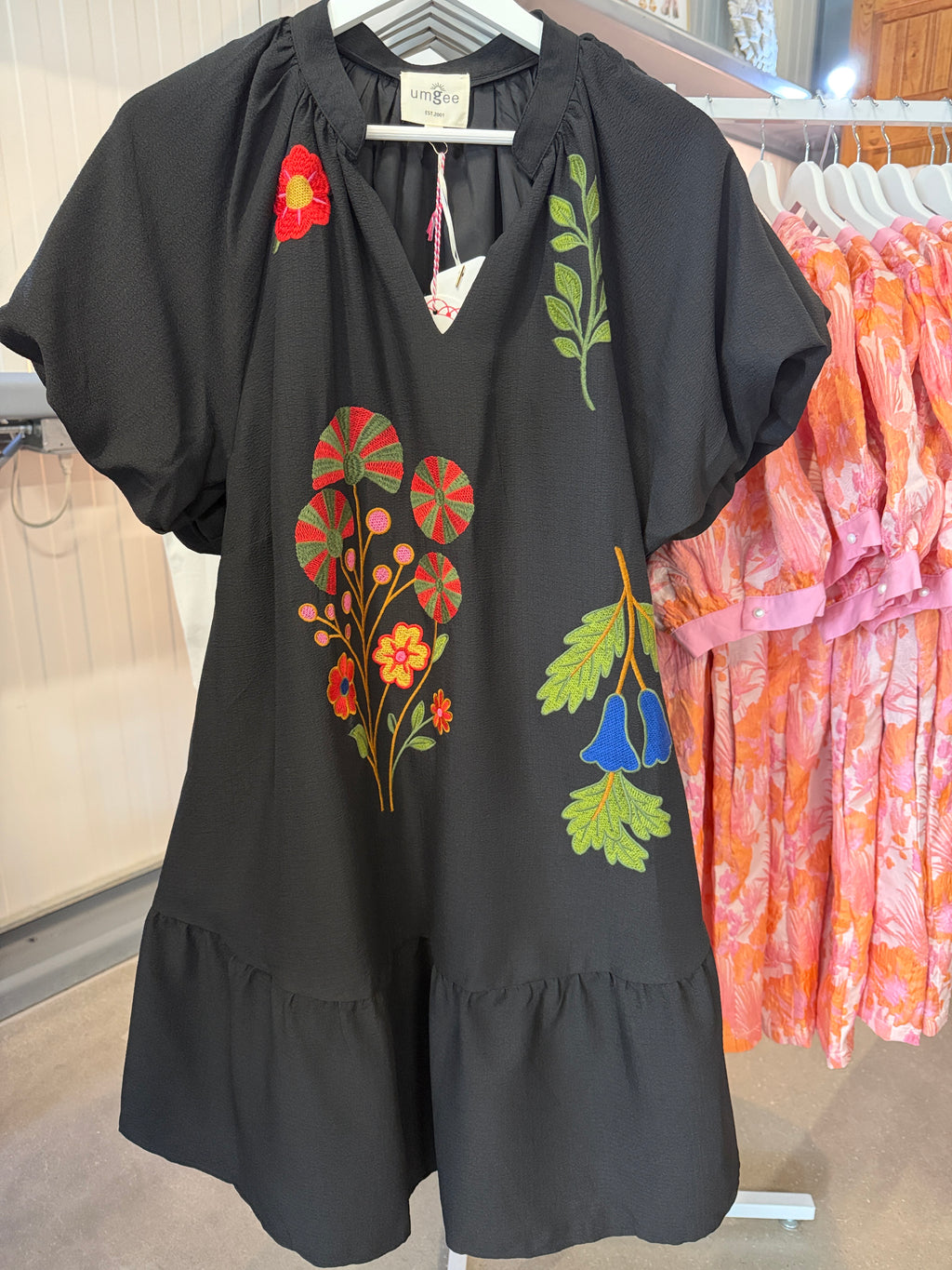Umgee Black Tunic Dress with Multicolor Floral Embroidery