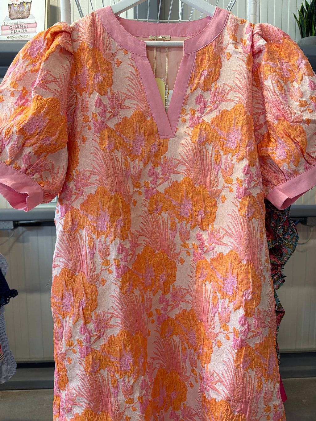 JODIFL Pink and Orange Floral Puff Sleeve Tunic Dress