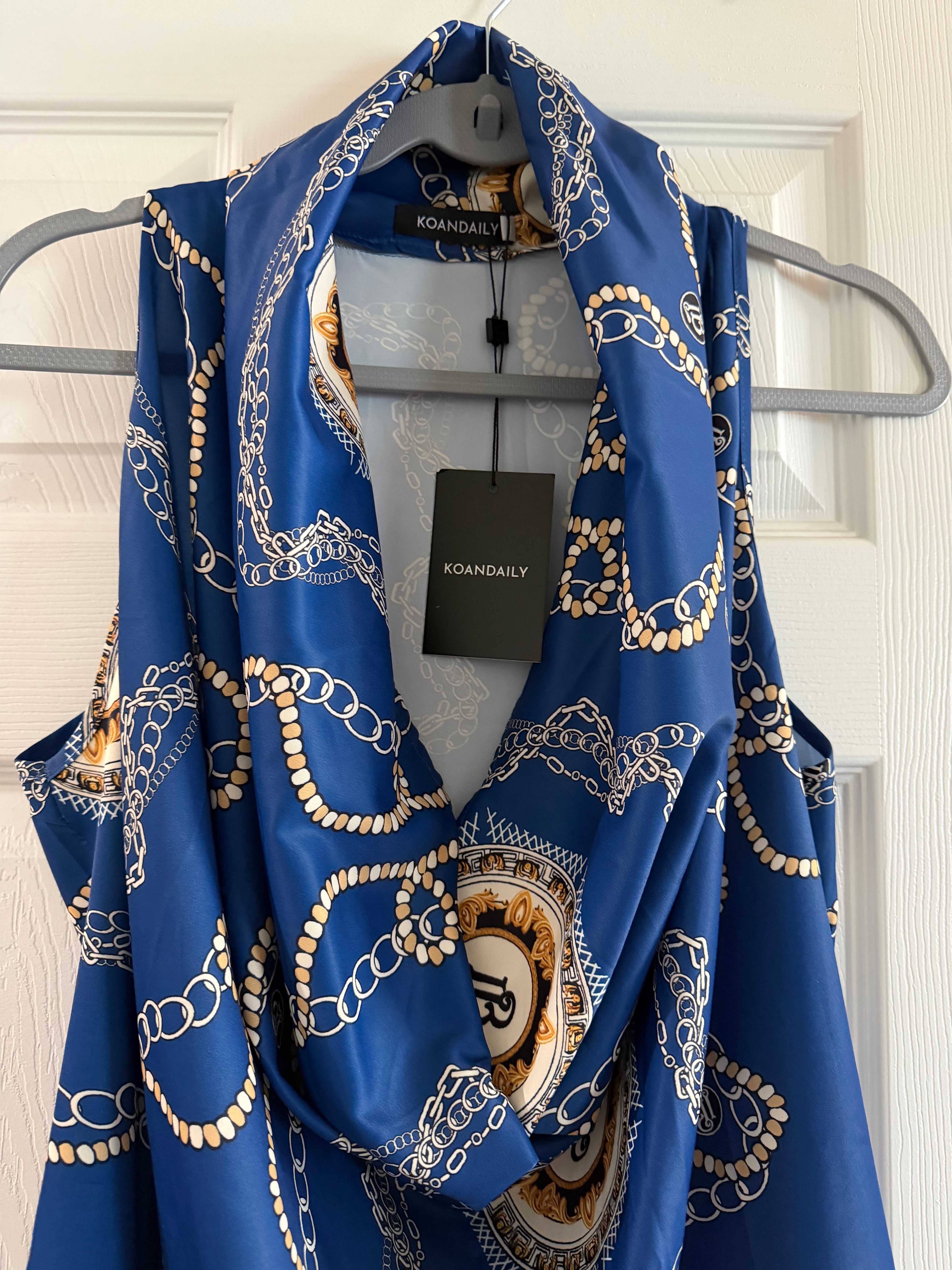 Koan Daily Royal Blue Chain Print Cowl Neck Tank