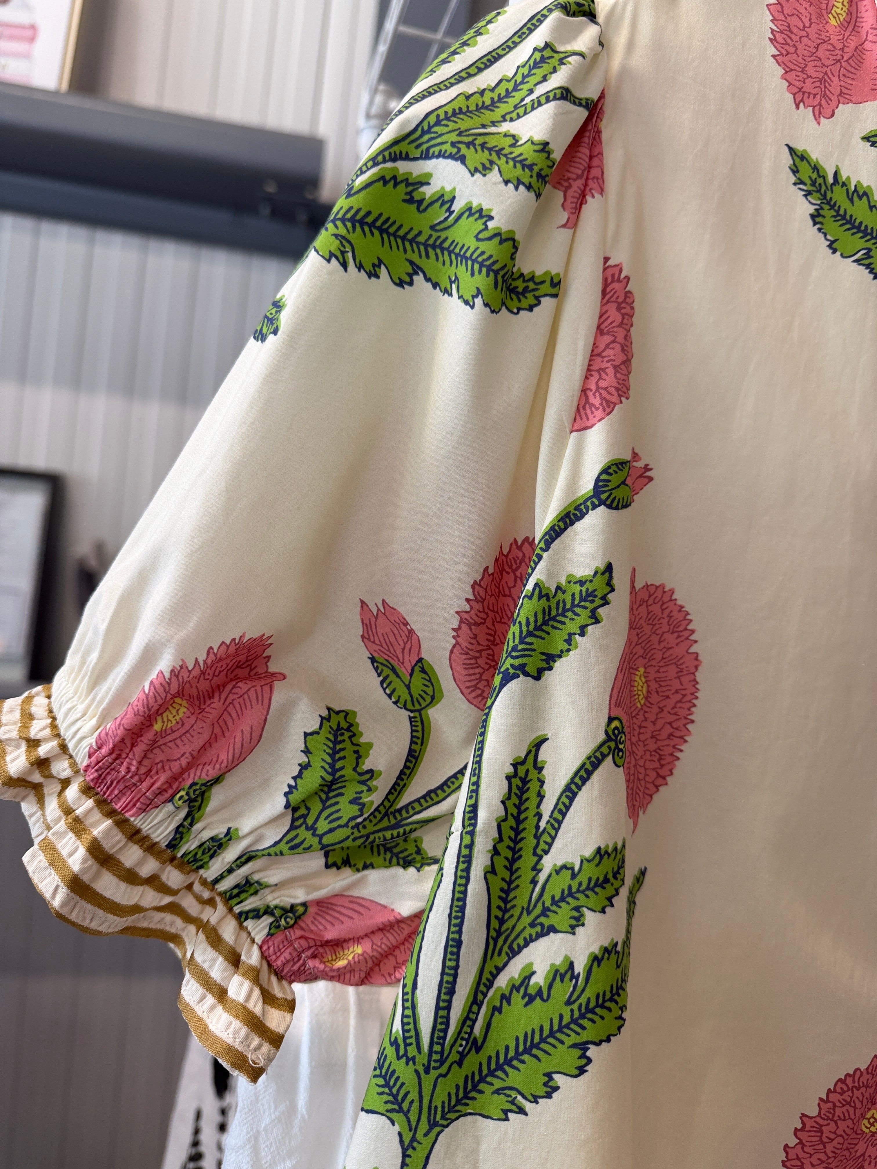 Umgee Cream Midi Dress with Pink Floral Print and Green Leaves