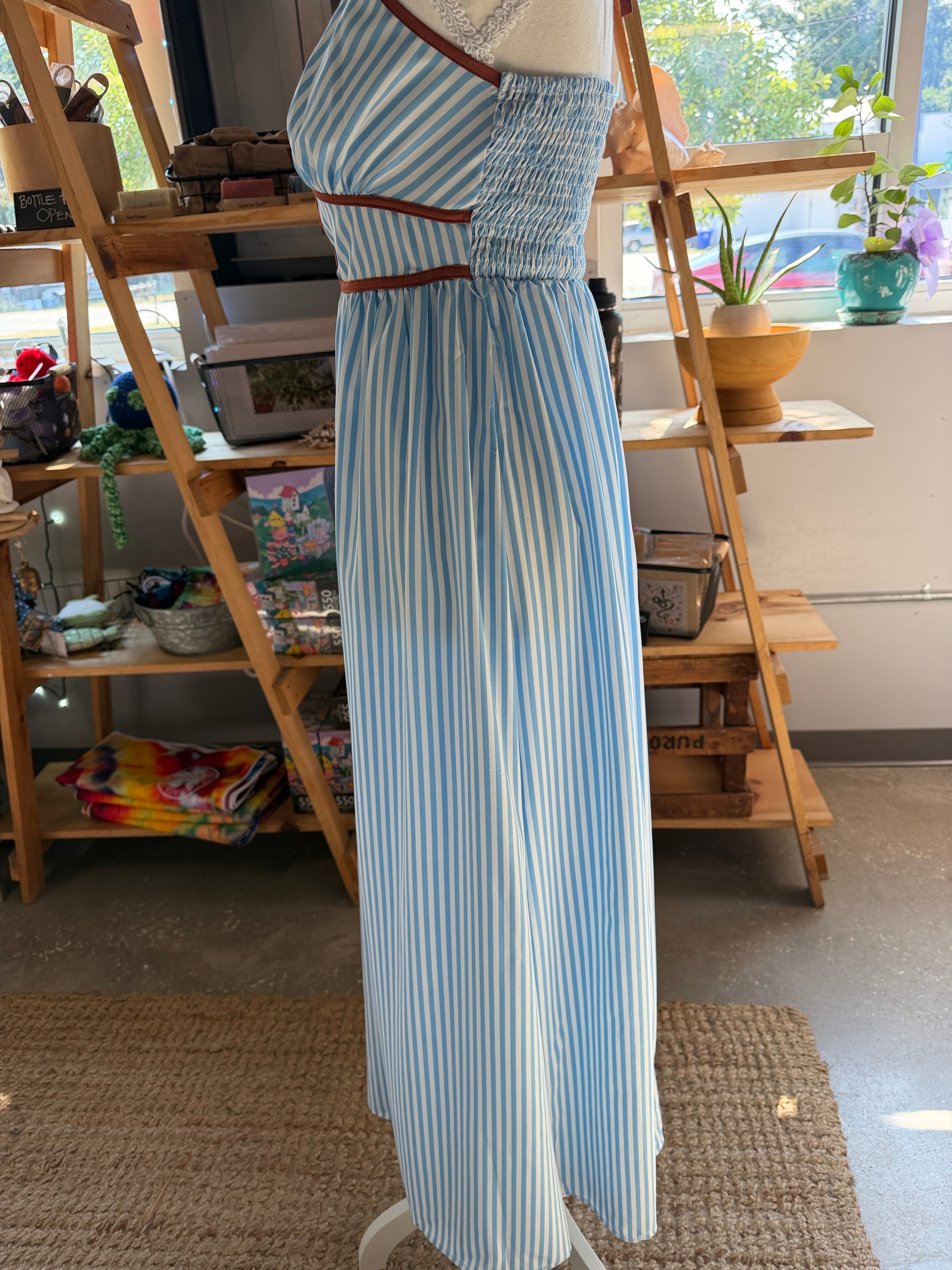 Striped Blue Halter Maxi Dress with Brown Trim