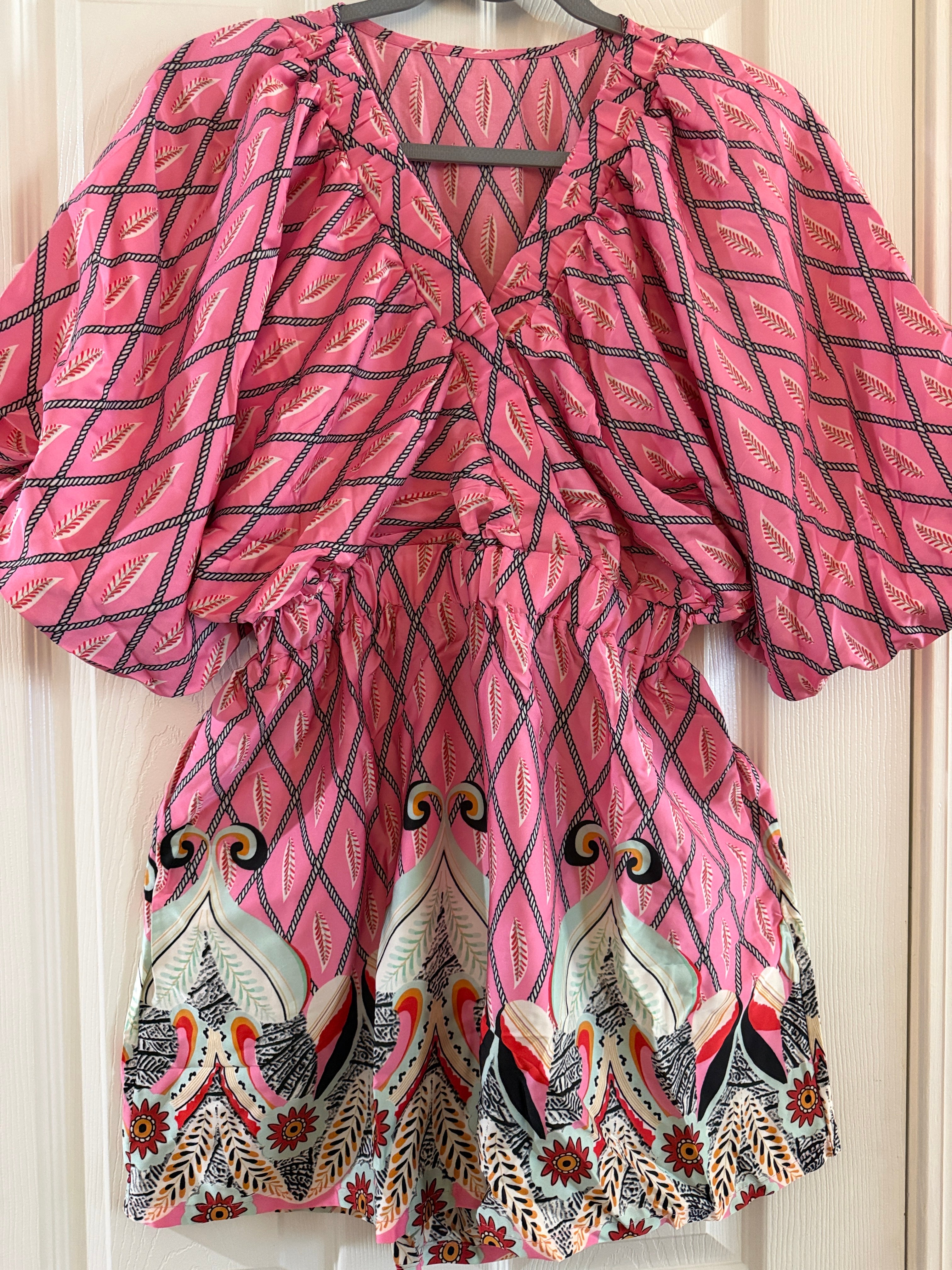 Pink Patterned Boho Romper with Flutter Sleeves
