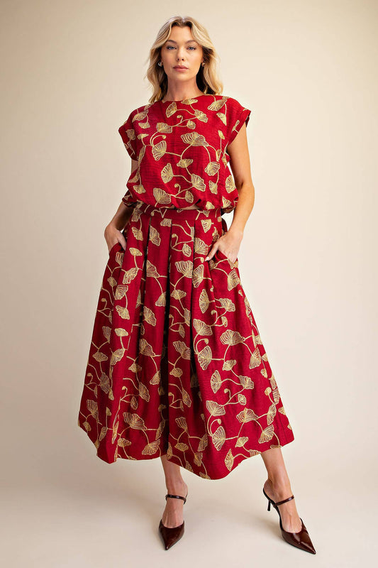 Glam Burgundy Embroidery Bubble Top and A-Line Midi Skirt Set