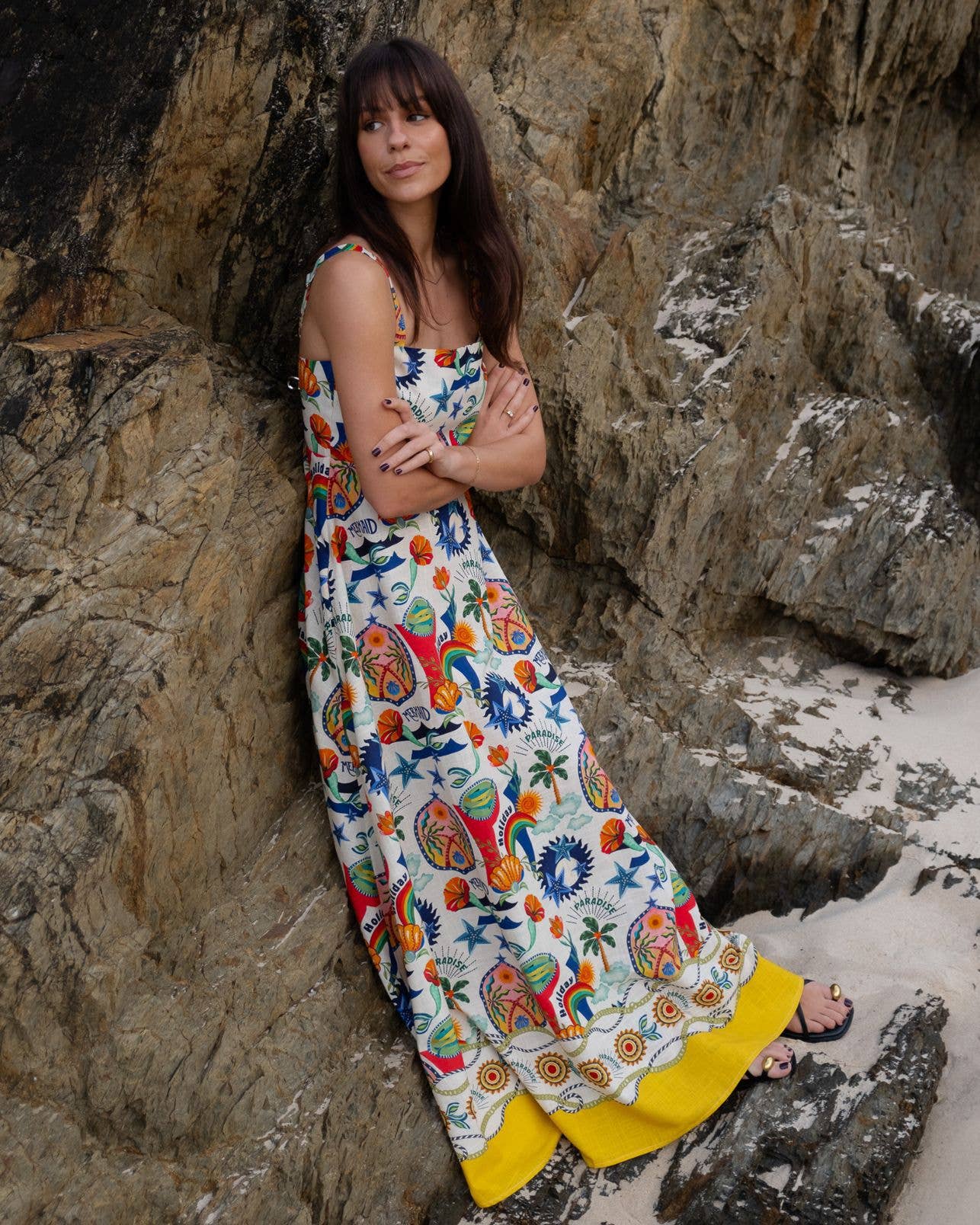 Temperament linen printed tank top swing dress: MULTICOLOR / (M) 1