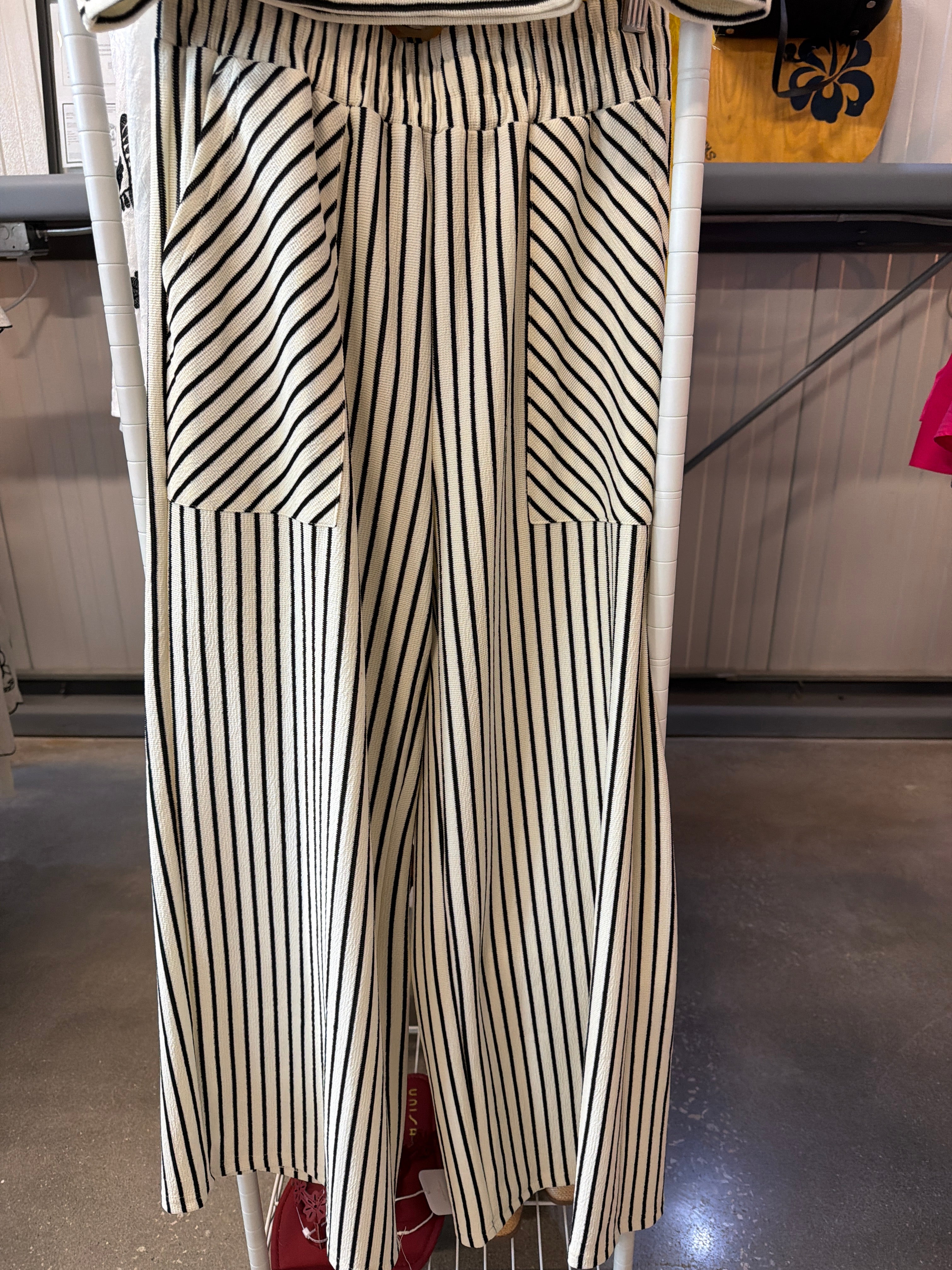 Two Piece Set, Short-Sleeve Striped with Matching Wide-Leg Pants