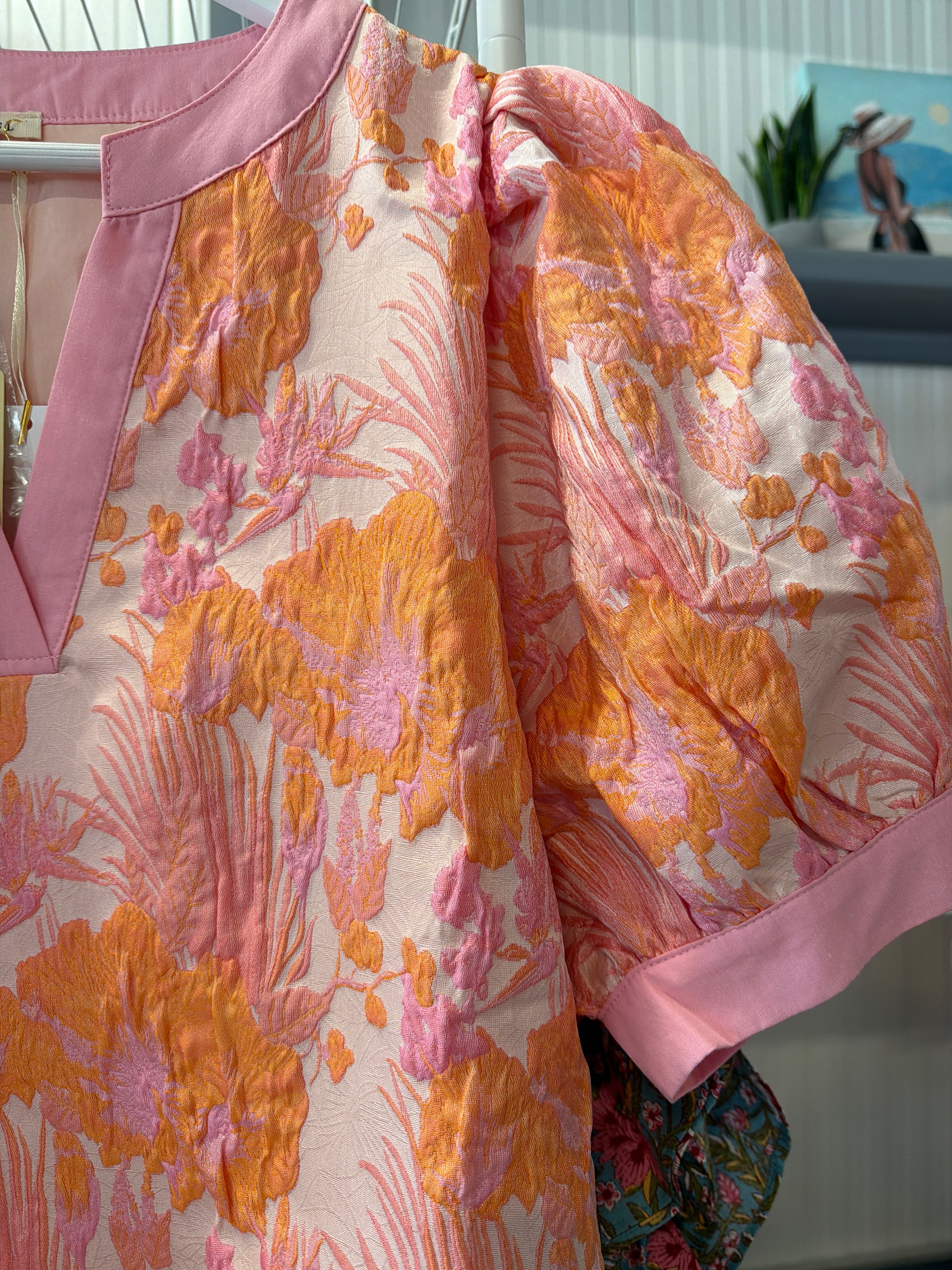 JODIFL Pink and Orange Floral Puff Sleeve Tunic Dress