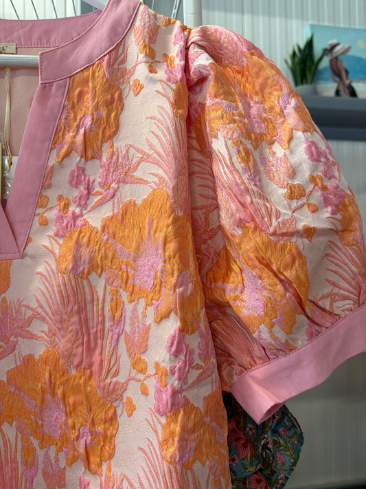 JODIFL Pink and Orange Floral Puff Sleeve Tunic Dress