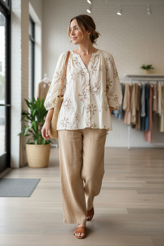 Threaded Cream Peasant Tunic