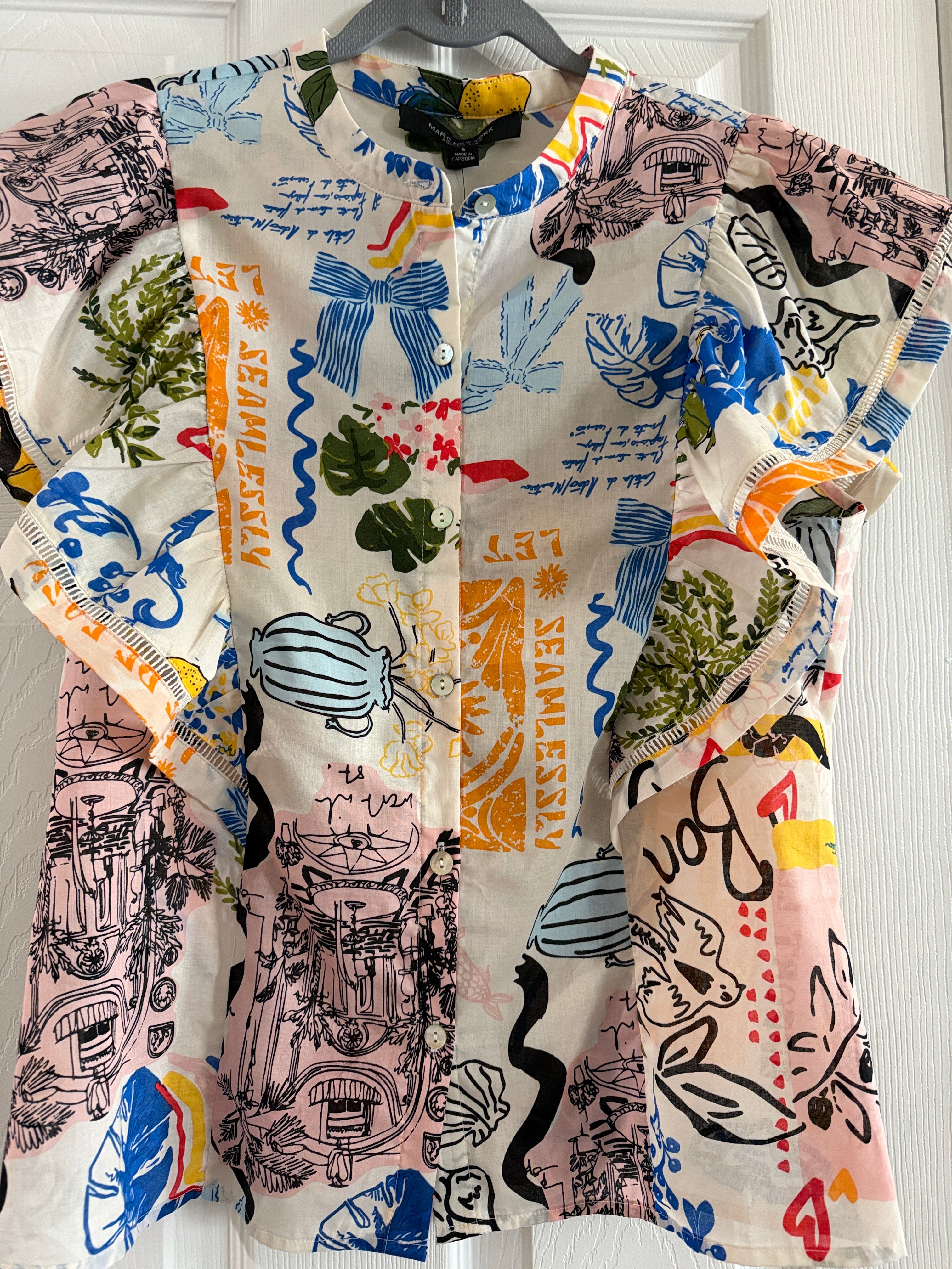 Marc New York Andrew Marc Playful Multicolor Graphic Button-Front Top
