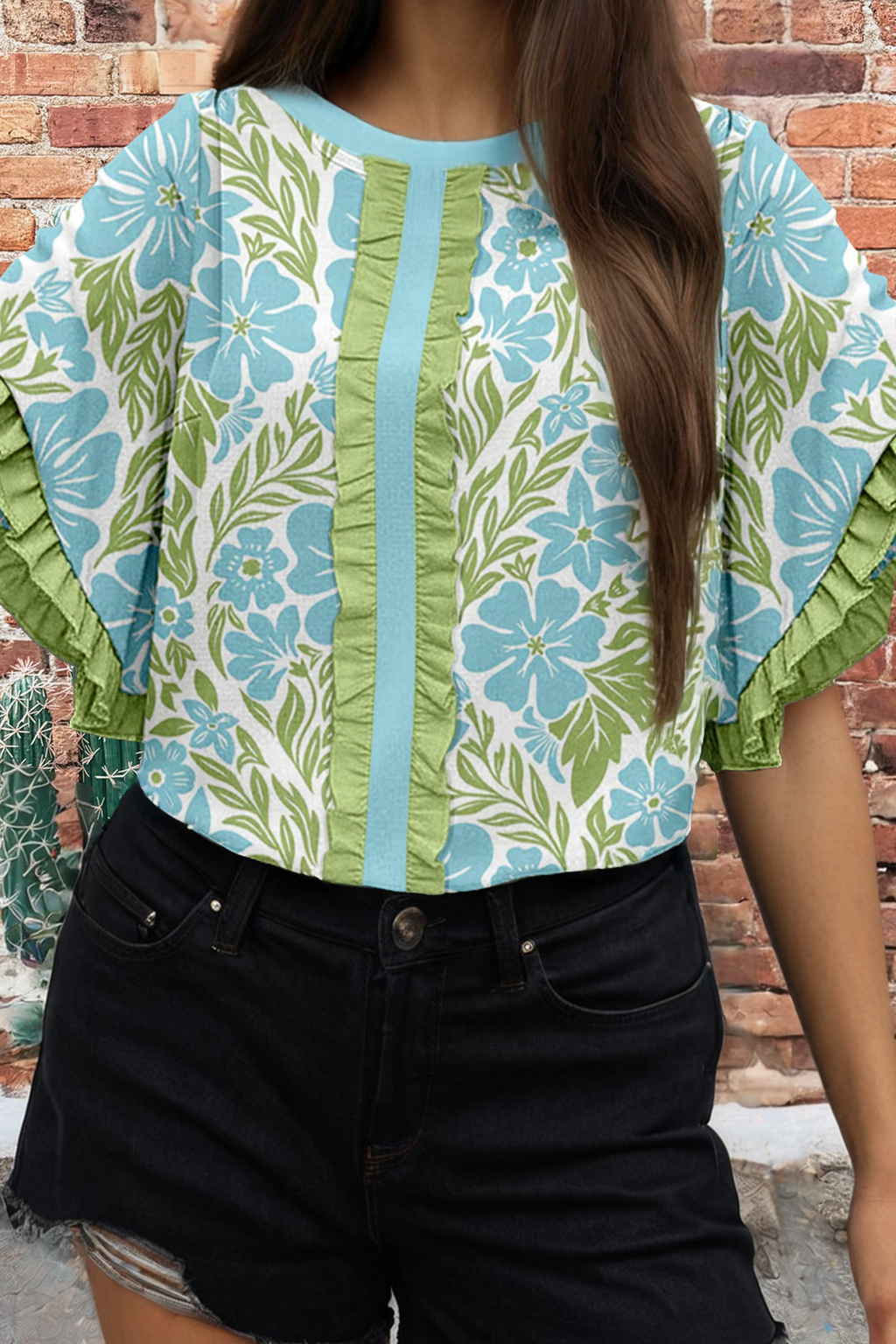 Fashion Floral Printed Lace Color Block Half Sleeve Blouse: Sky Blue / XL
