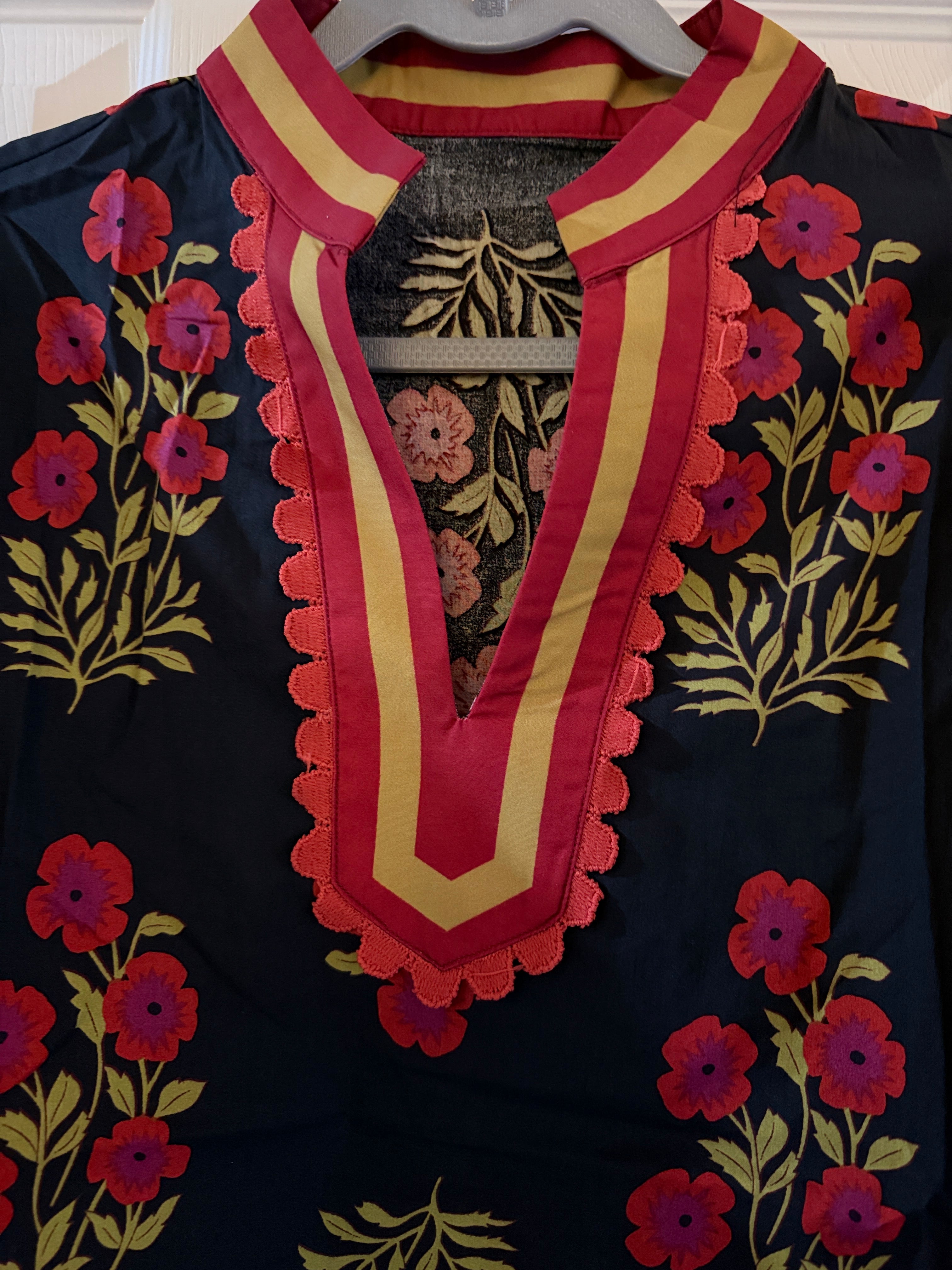 Black Floral Split-Neck Top with Pink & Gold Accents