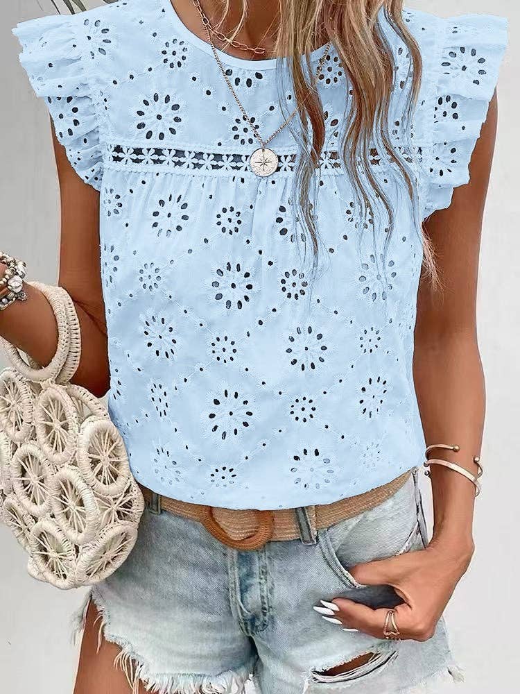 Women's Summer Ruffle Sleeveless Hollow Out Top: Yellow / M