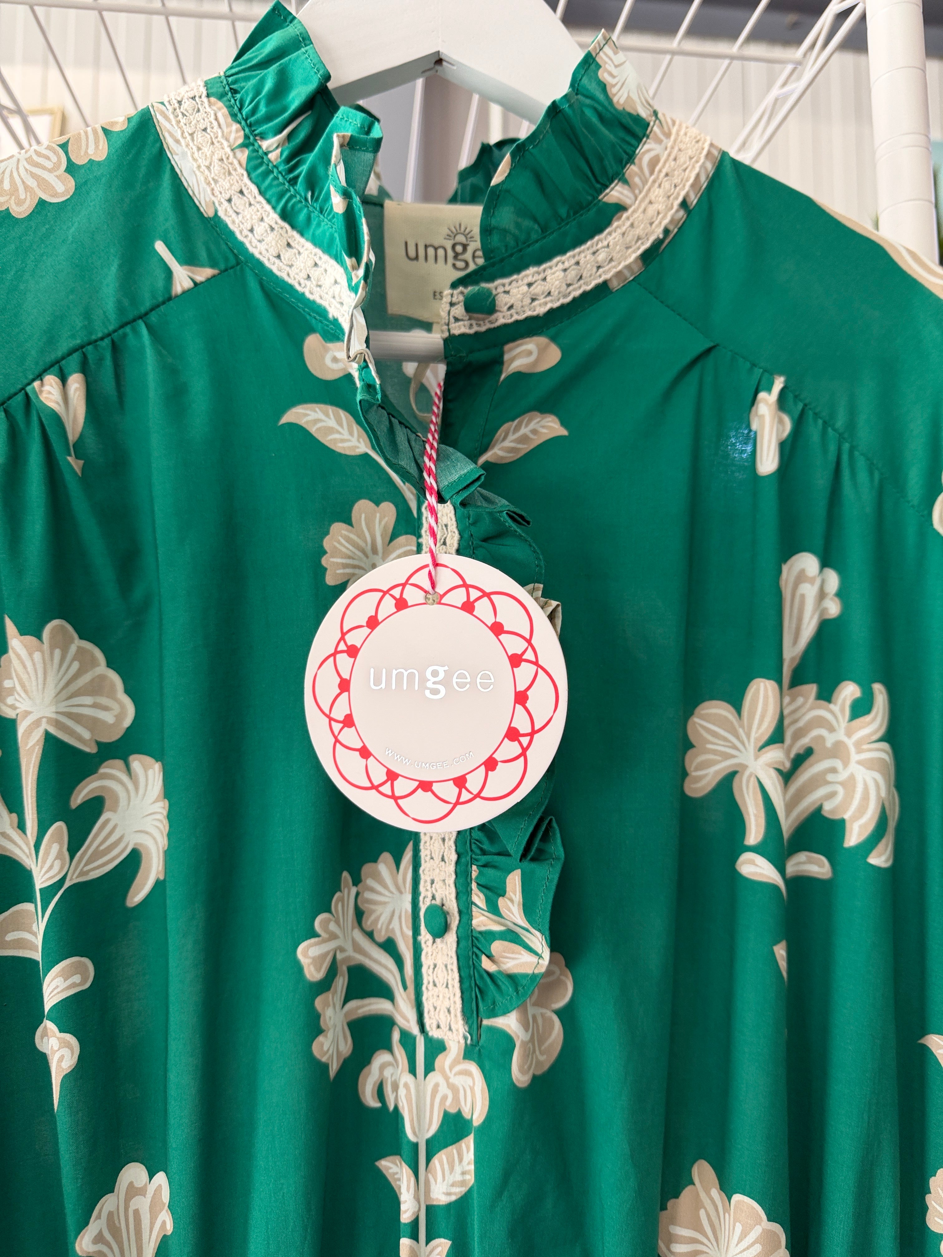 Umgee Green Midi Dress with Cream Floral Print