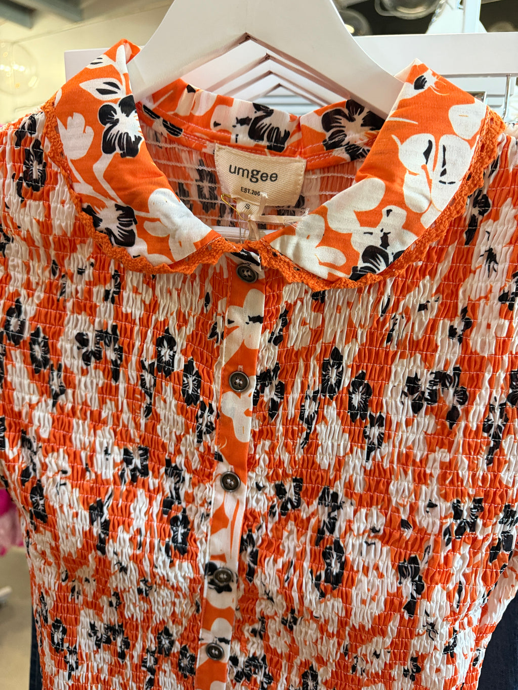 Umgee Orange, Black & White Floral Smocked Button-Down Top