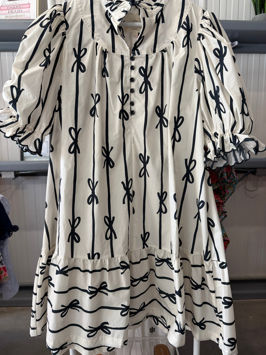 Umgee Black Bow-Print Cream Puff-Sleeve Dress