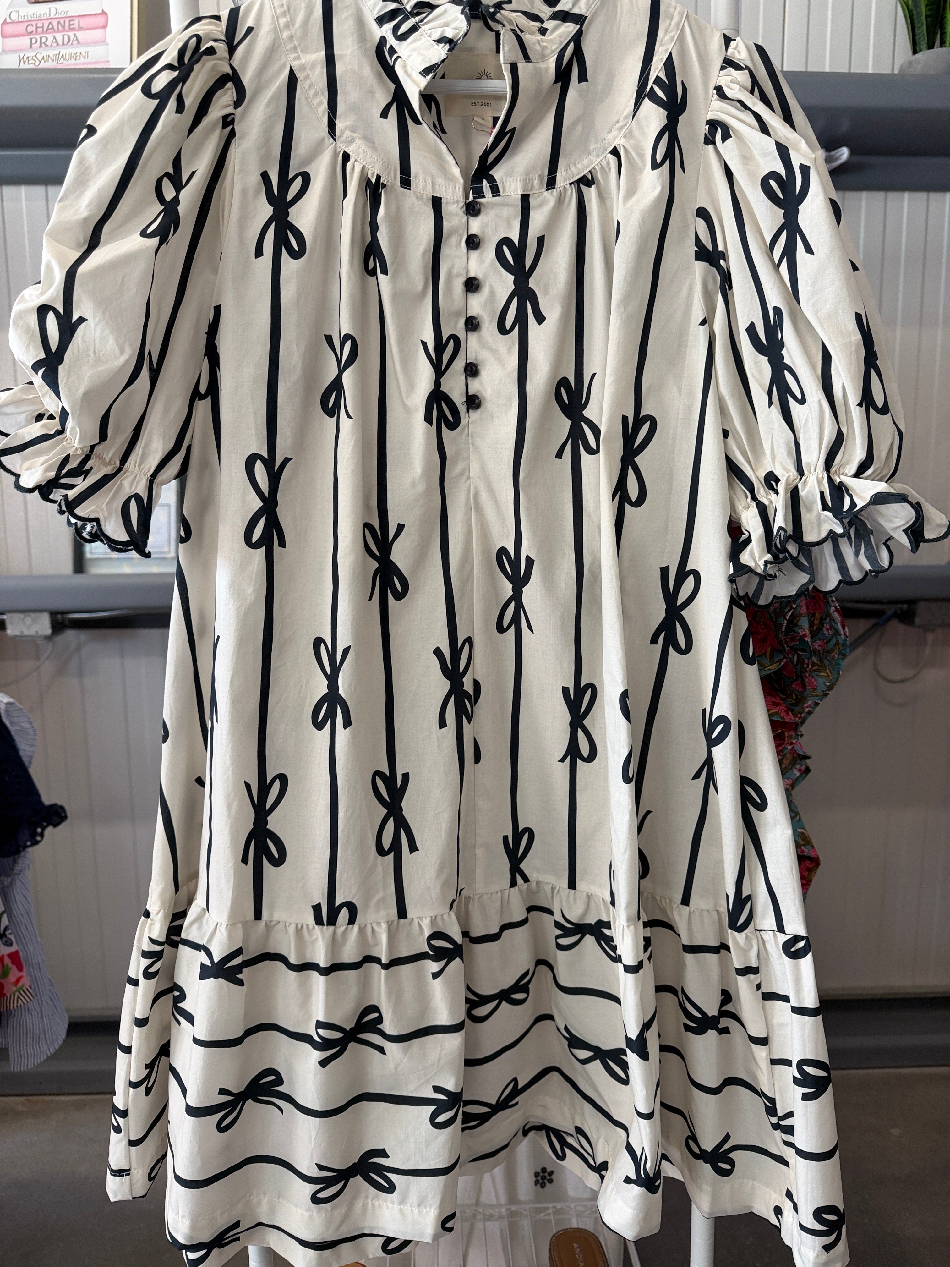 Umgee Black Bow-Print Cream Puff-Sleeve Dress