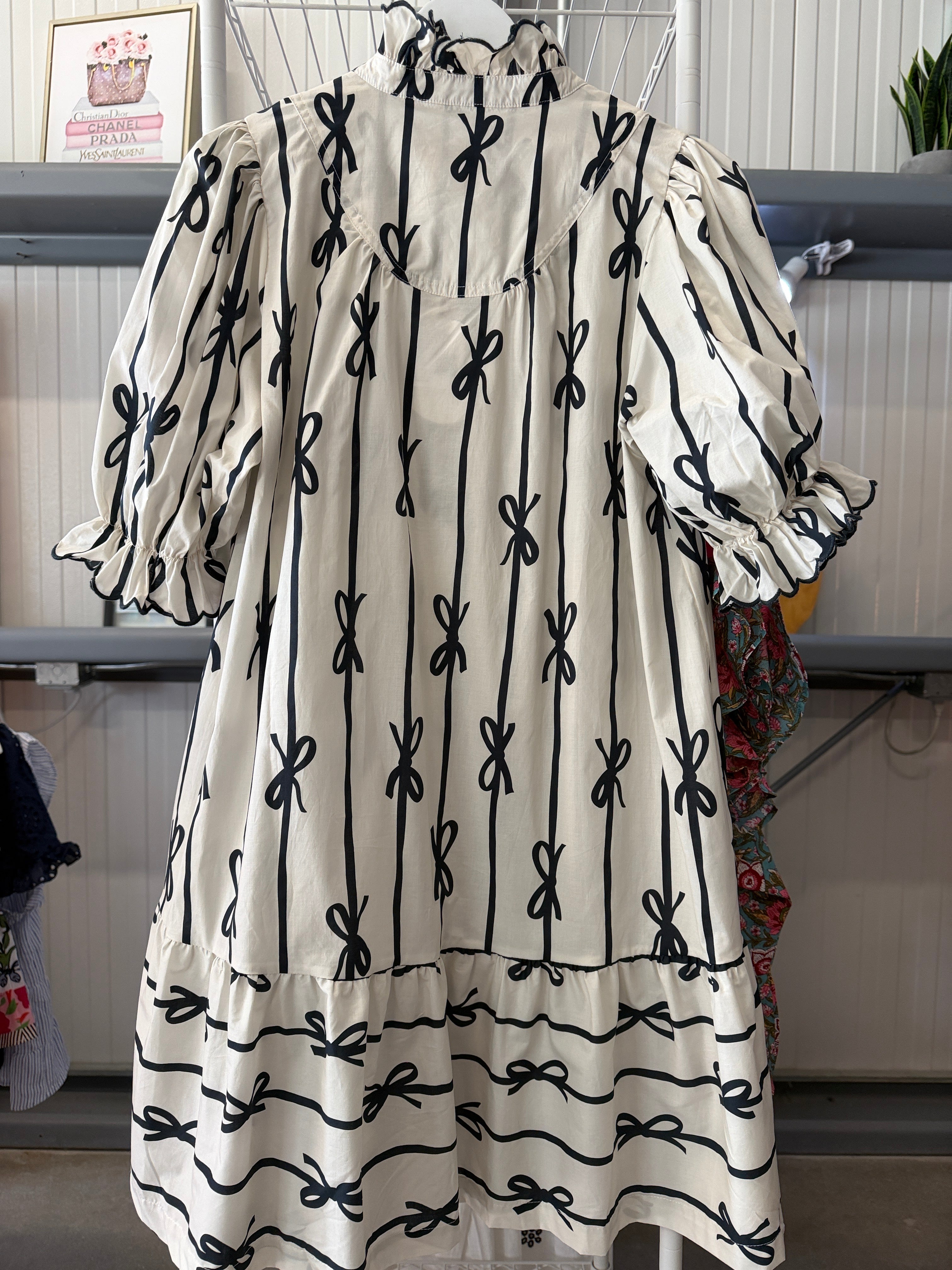 Umgee Black Bow-Print Cream Puff-Sleeve Dress