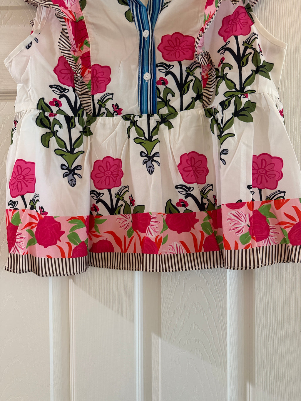 Women’s Floral Ruffle Top-White with Pink Flowers
