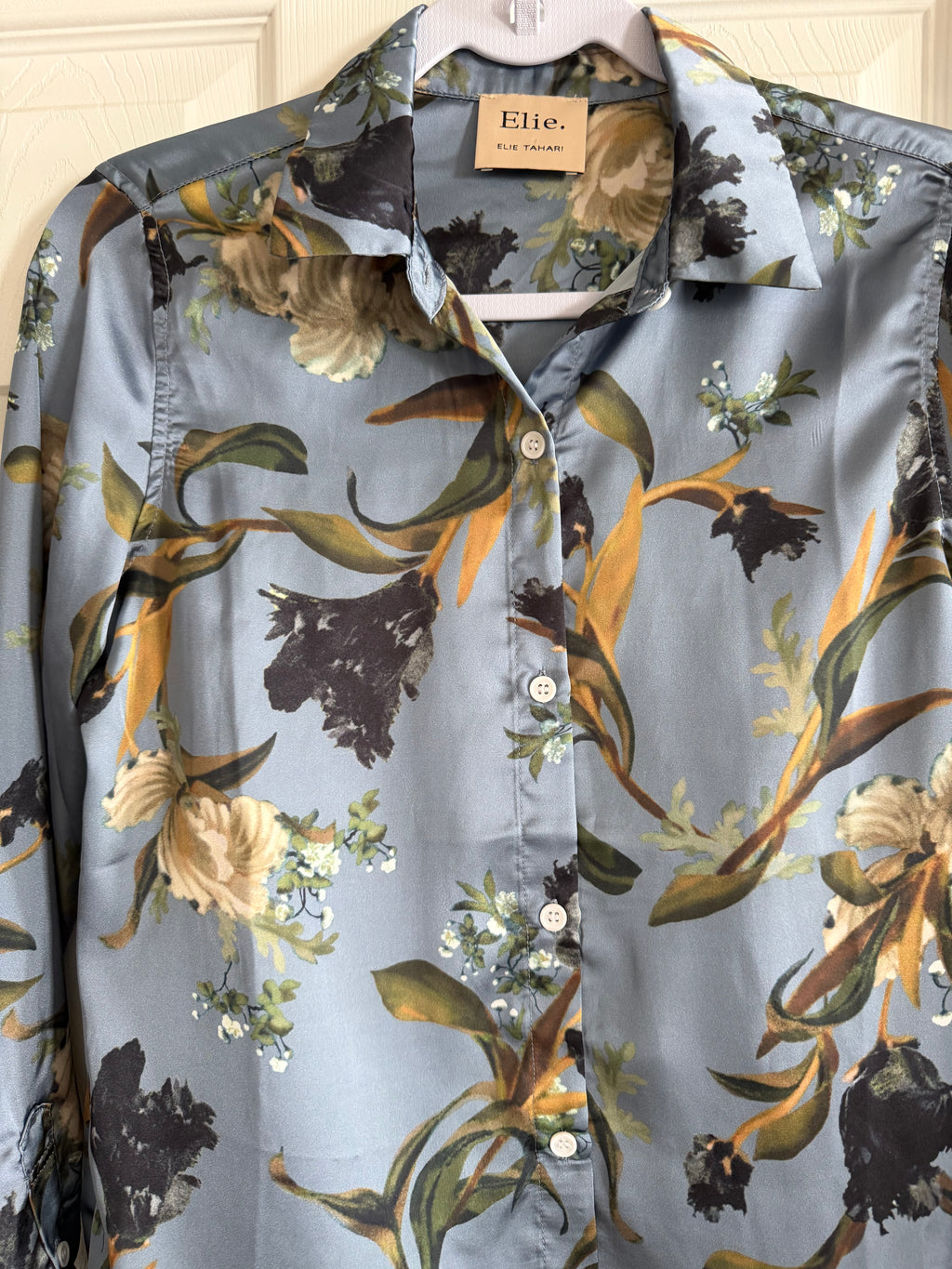 Elie Tahari Dusty Blue Floral Silk Button-Down