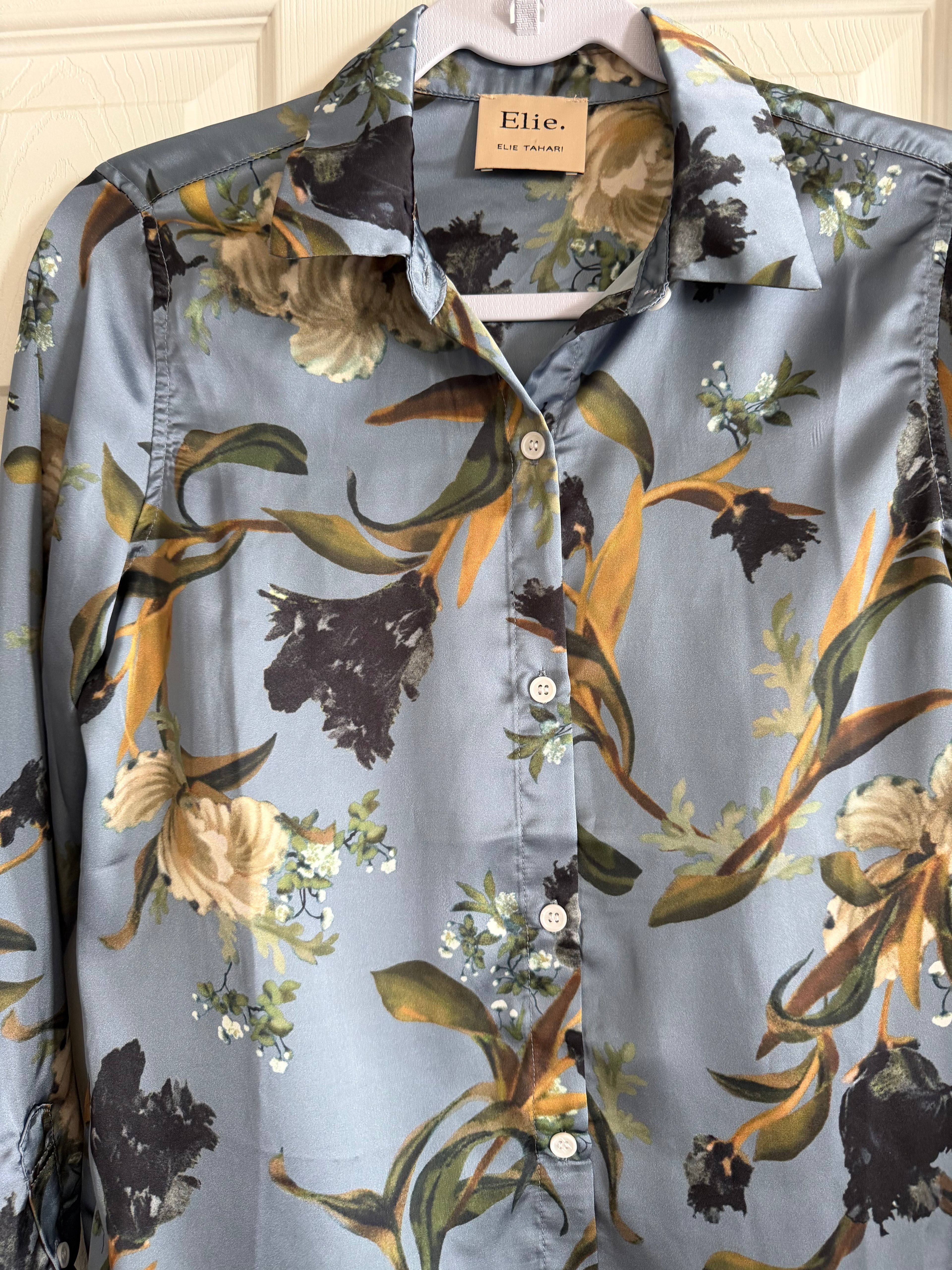 Elie Tahari Dusty Blue Floral Silk Button-Down