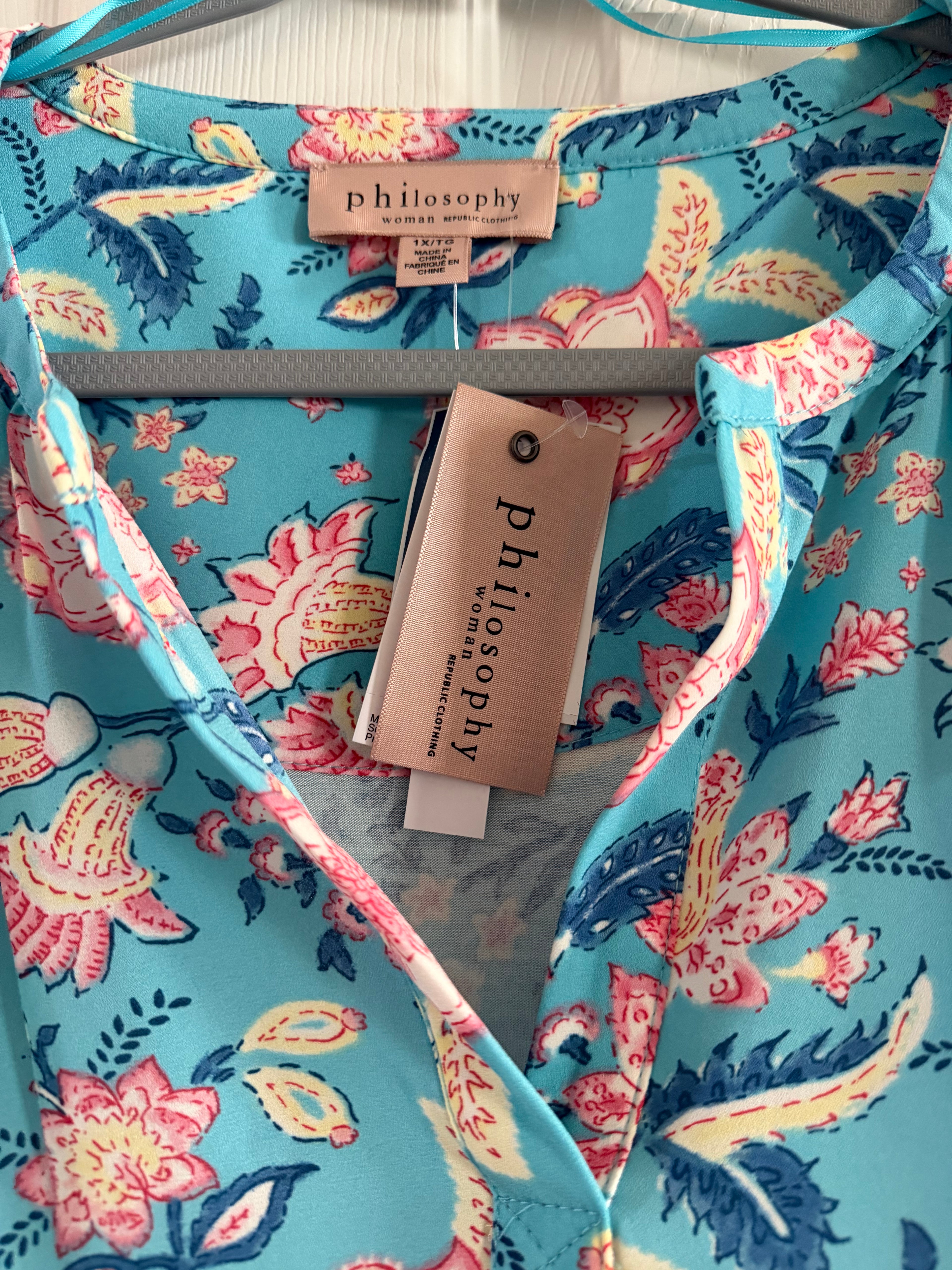 Philosophy Teal Floral V-Neck Blouse with Pink & Cream Accents