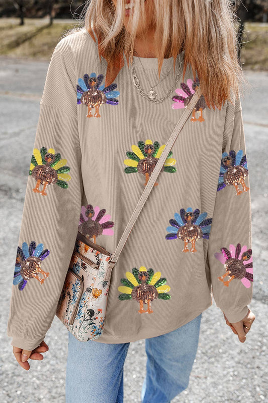 Sequin Turkey Graphic Corded Baggy Sweatshirt: Smoke Gray / L