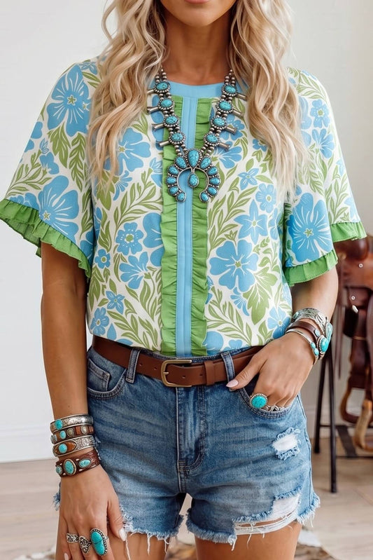 Fashion Floral Printed Lace Color Block Half Sleeve Blouse