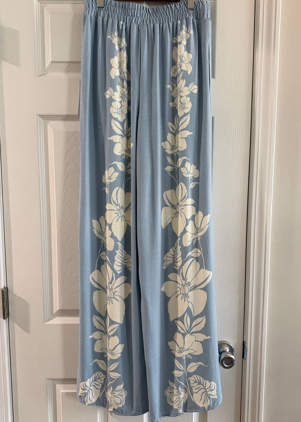 Light Blue Floral Wide-Leg Pants