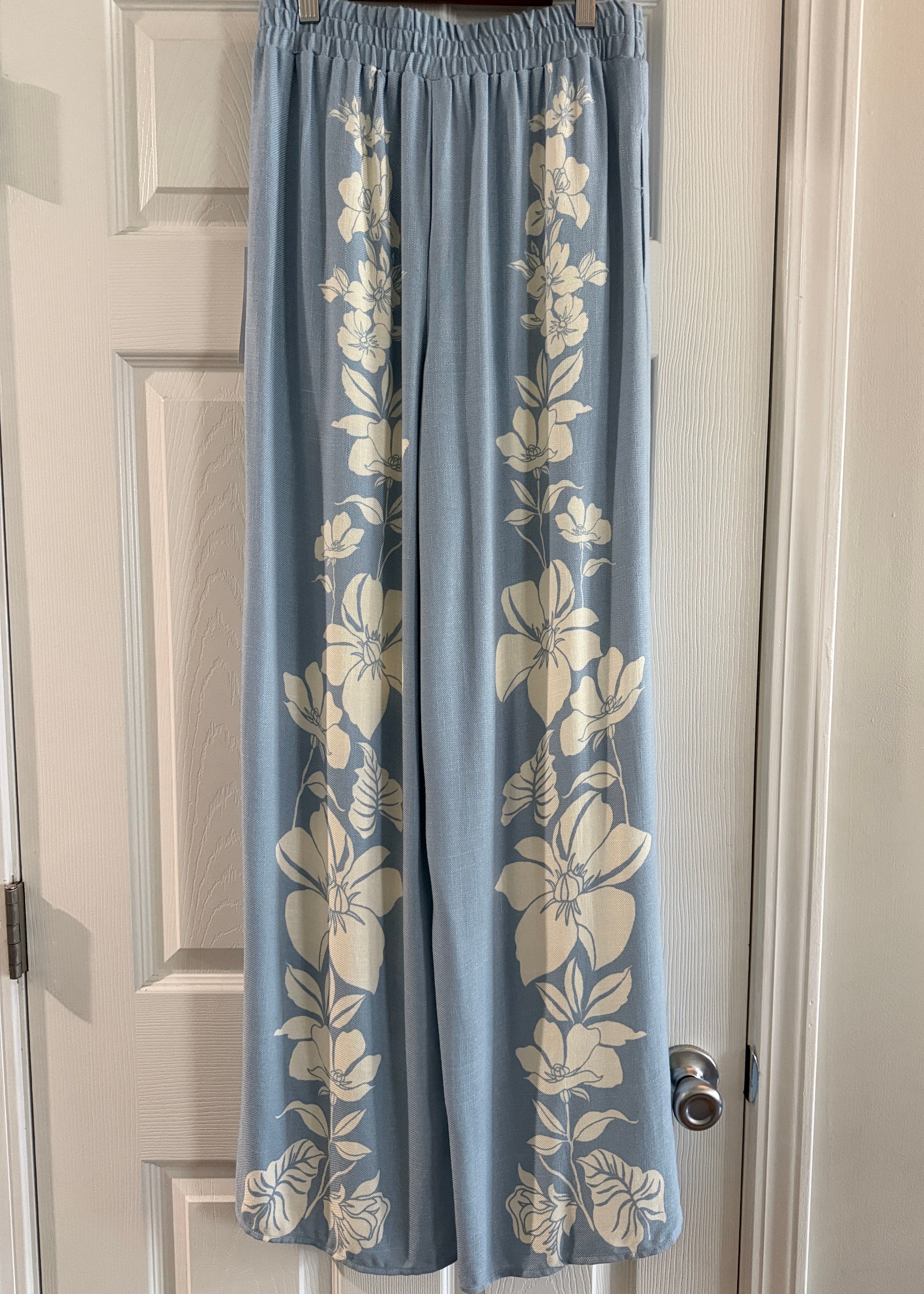 Light Blue Floral Wide-Leg Pants