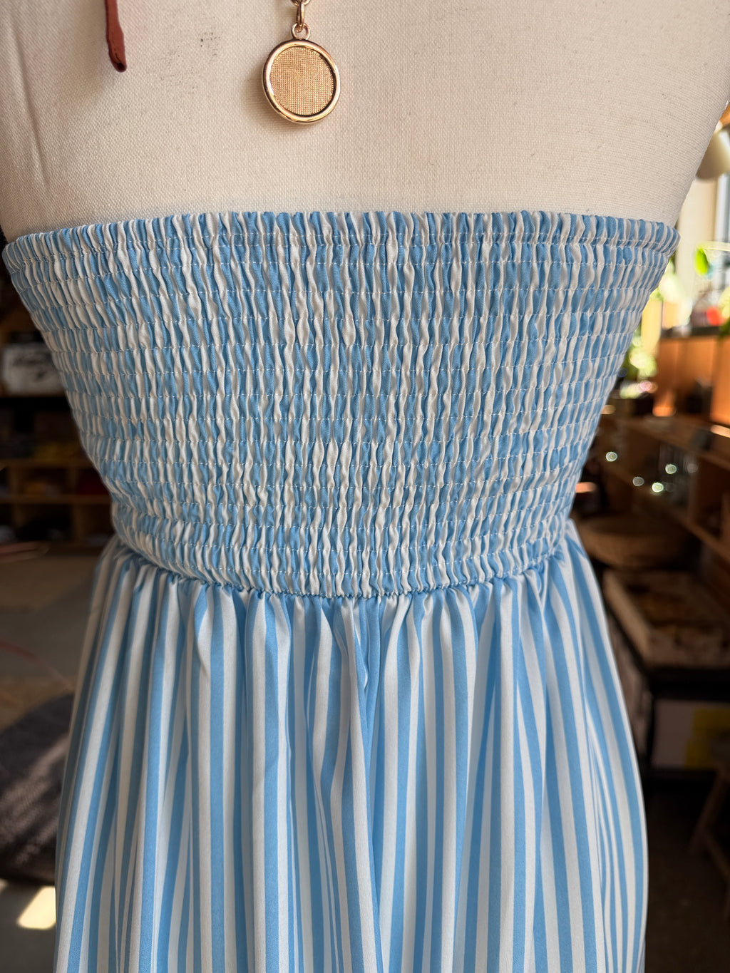 Striped Blue Halter Maxi Dress with Brown Trim
