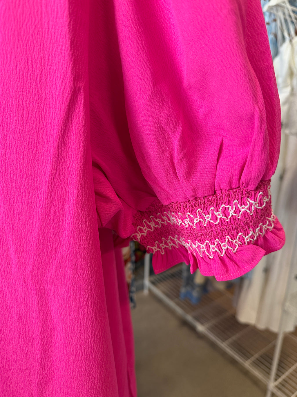 Jodifl Hot Pink Midi Dress with White Lace Hem