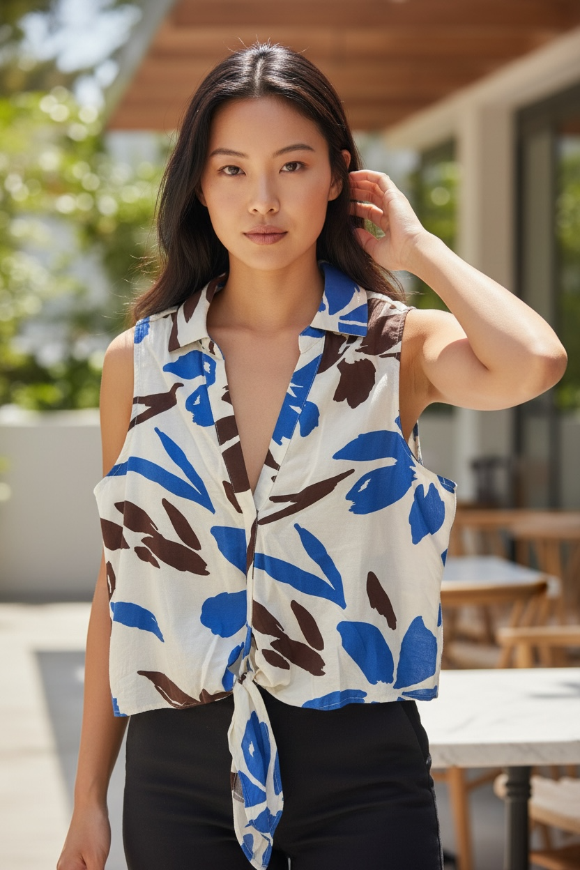 Jules & Leopold Cream Sleeveless Tie-Front Top with Blue and Brown Floral Print