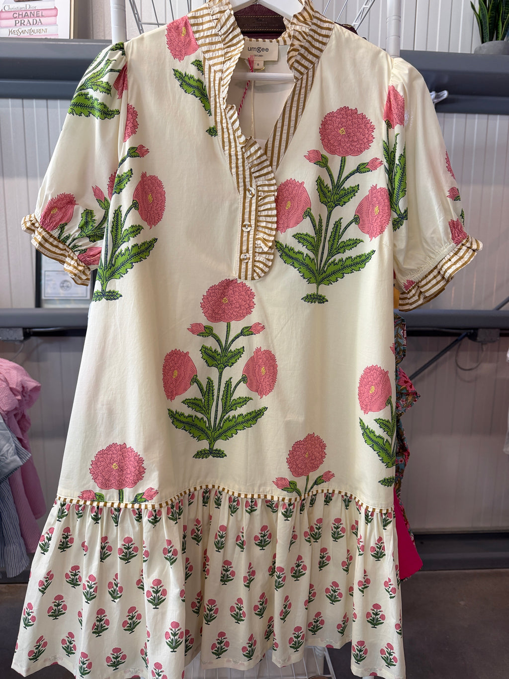 Umgee Cream Midi Dress with Pink Floral Print and Green Leaves