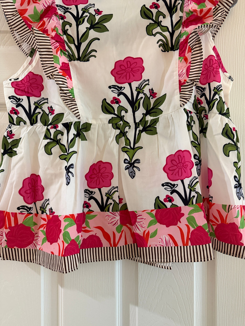 Women’s Floral Ruffle Top-White with Pink Flowers