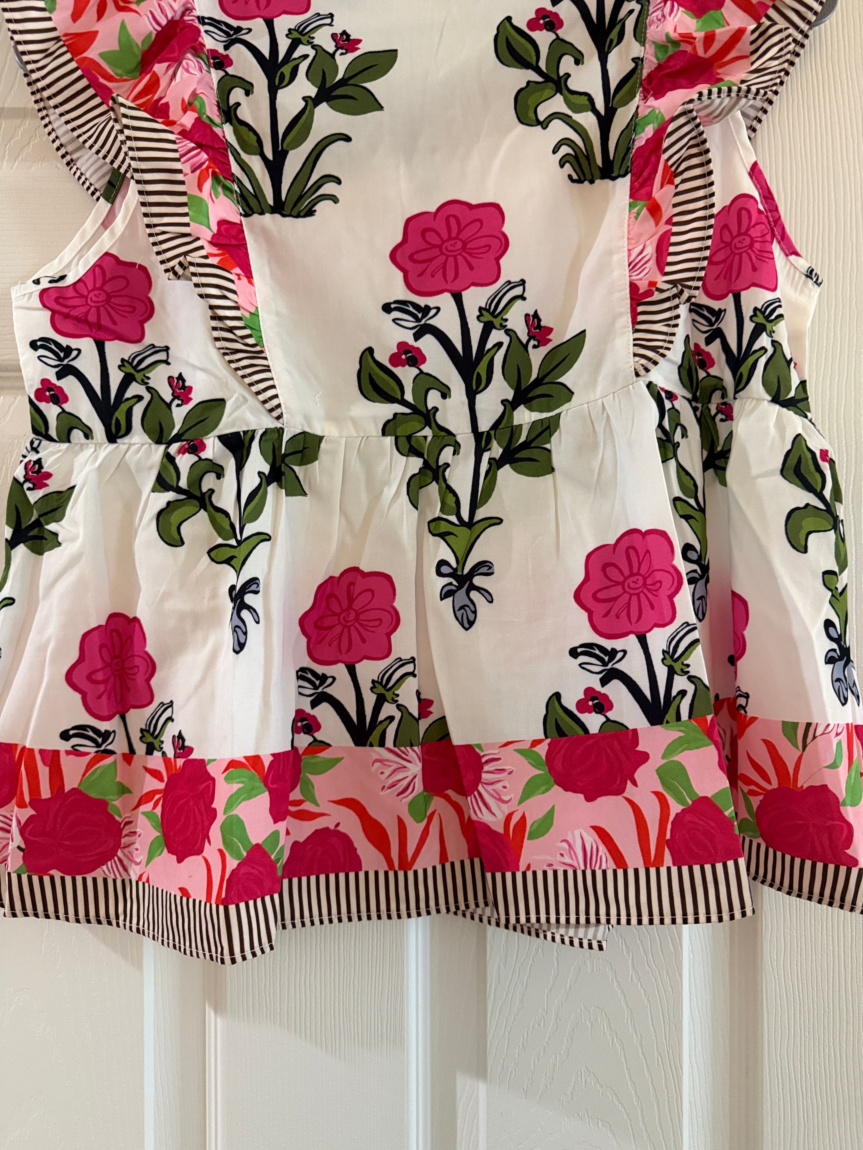 Women’s Floral Ruffle Top-White with Pink Flowers