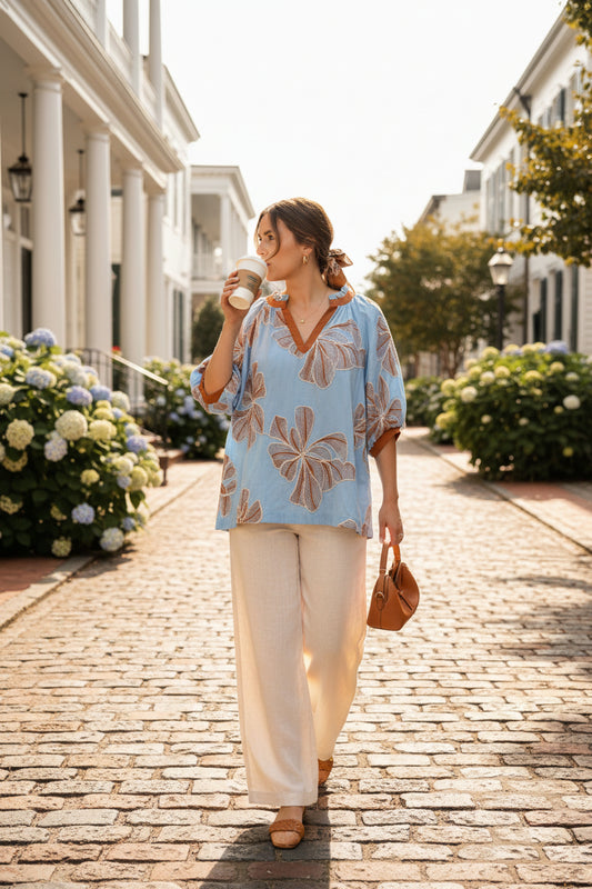 Umgee Sky Blue Floral Embroidered Tunic with Rust Trim