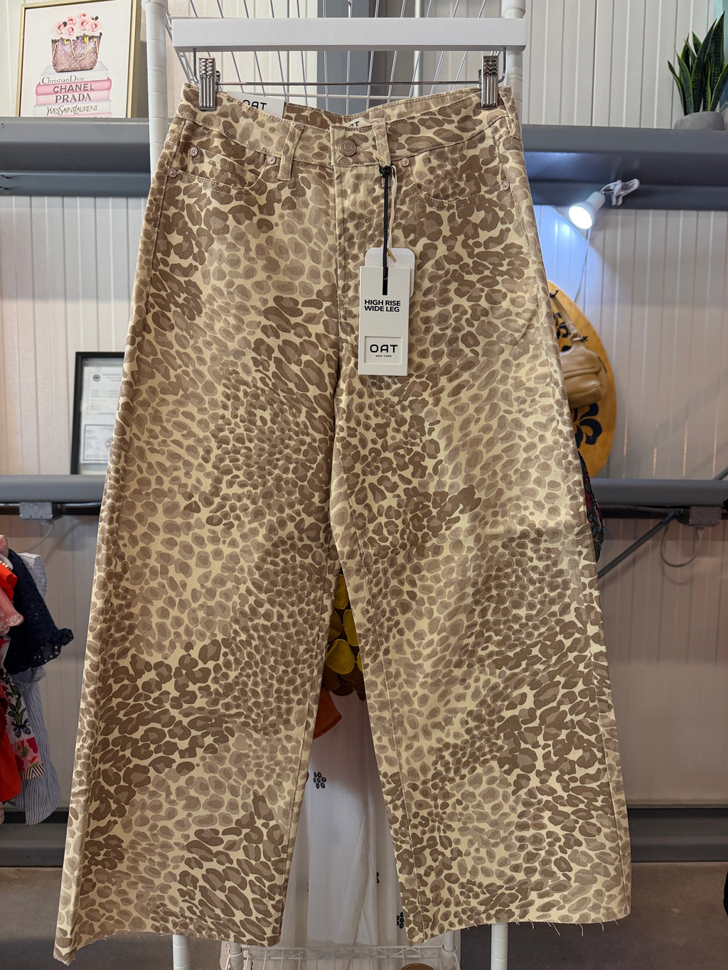 Oat New York High-Rise Wide-Leg Jeans in Tan and Brown Leopard Print