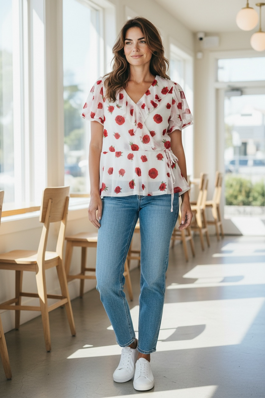 Red Rose Print Wrap Blouse in White