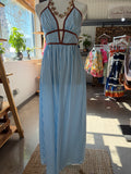 Striped Blue Halter Maxi Dress with Brown Trim