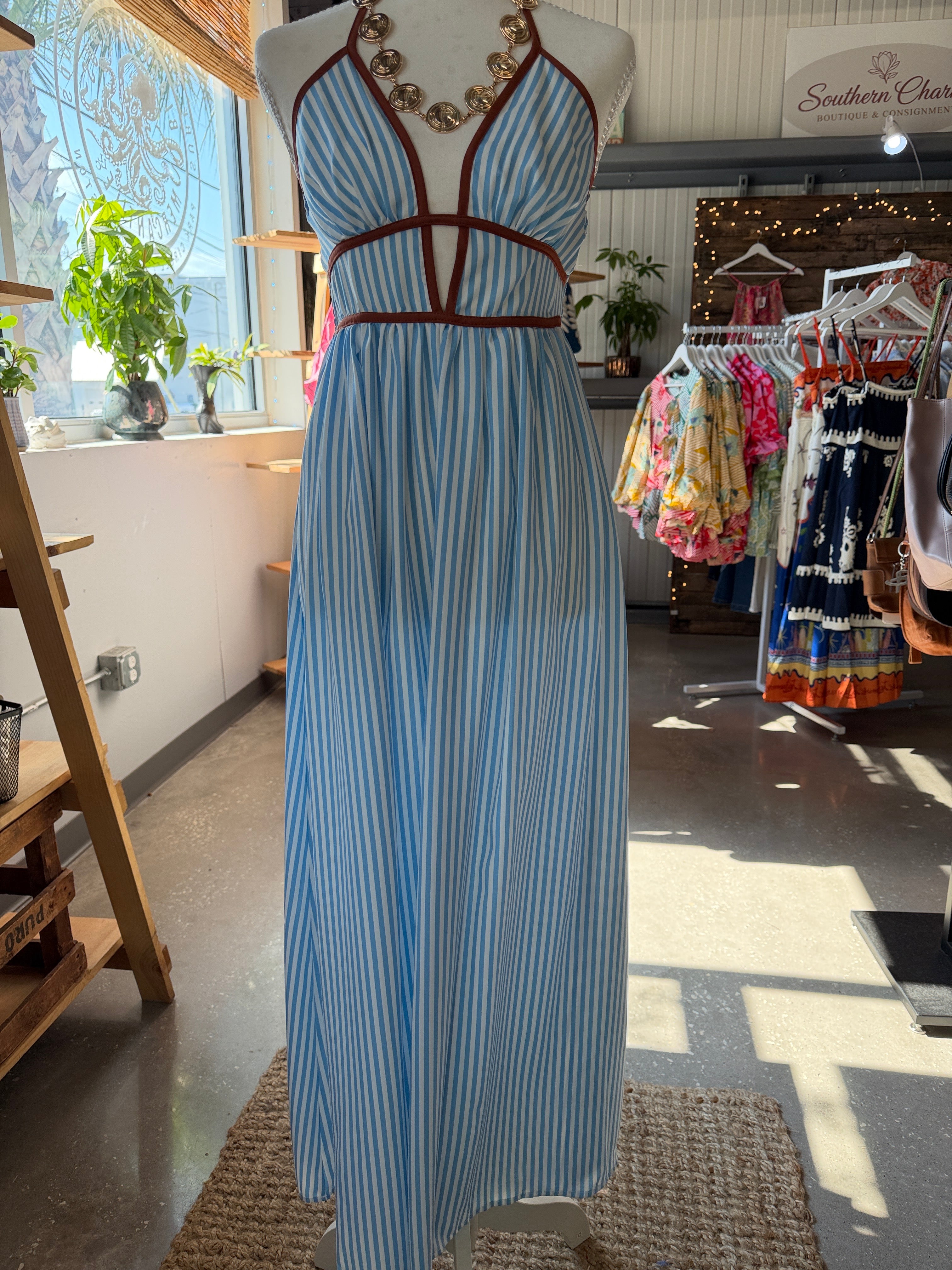 Striped Blue Halter Maxi Dress with Brown Trim