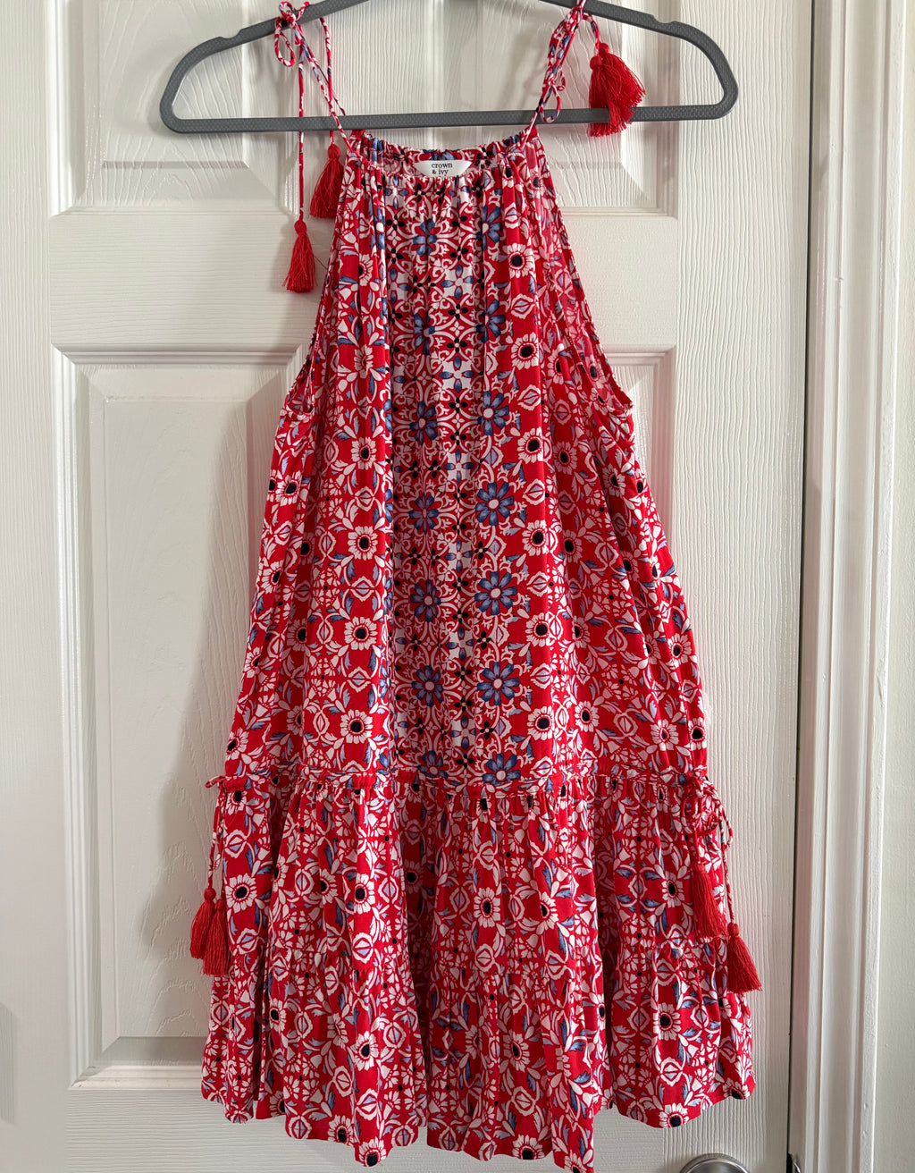Red Floral Tie-Strap Tiered Dress