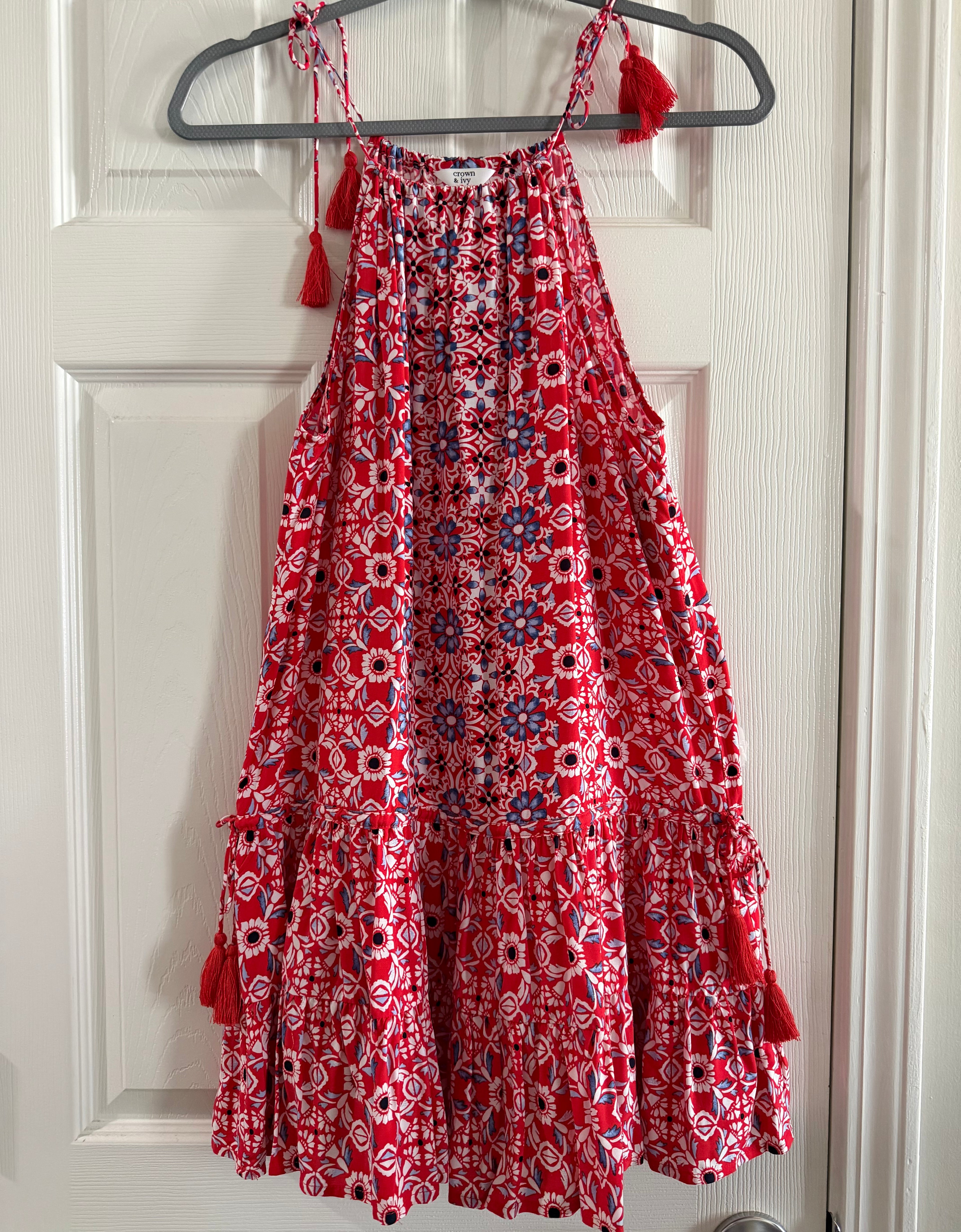 Red Floral Tie-Strap Tiered Dress